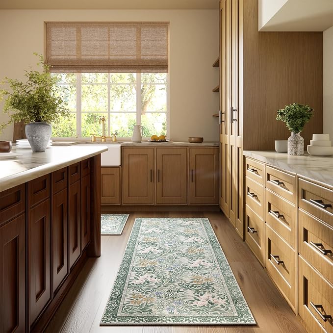 Botanical Floral Washable Runners for Hallways Area Rug 2x6 Light Green Cream Vintage Garden Design, Perfect for Carpet for Kitchen Bedroom Bathroom Laundry Room