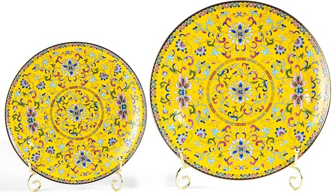 Decorative Plates Set for Display, Yellow Ceramic Plate Decor with Stand, Handmade Vintage Porcelain Ornament for Table, Living Room, Kitchen, Office, Perfect Chinese Style Dish Gift (8in+10in)