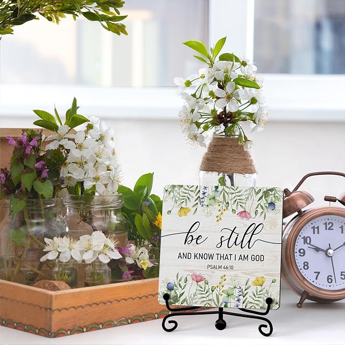 Inspirational Christian Desk Decor, Be Still And Know That I Am God Wildflower Sign, Desk Decorations For Office Home Living Room Bathroom, Eucalyptus Shelf Decor, Wooden Plaque With Stand (08)