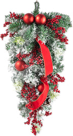 Glitzhome 25" Flocked Christmas Teardrop Door Swag with Berries, Ornaments and Pinecones Snow Dusted Hanging Garland for Front Door Indoor Holiday Decor