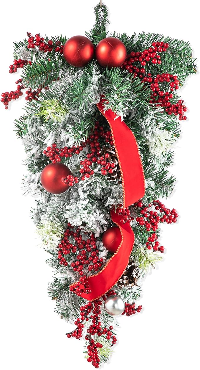 Glitzhome 25" Flocked Christmas Teardrop Door Swag with Berries, Ornaments and Pinecones Snow Dusted Hanging Garland for Front Door Indoor Holiday Decor