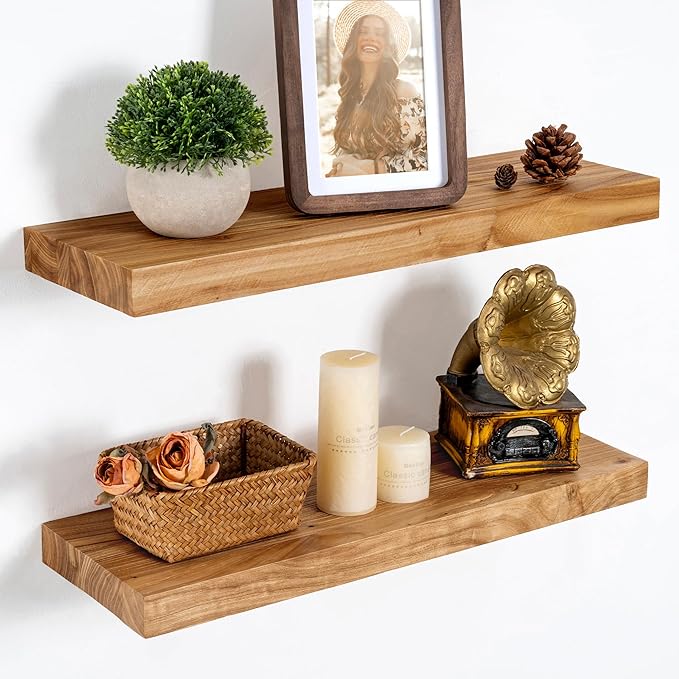 Marsmiles 20 inch Floating Shelves for Wall Solid Elm Wood Shelves|Rustic Wall Shelves with Heavy-Duty Invisible Bracket for Bathroom Living Room Kitchen|Natural, 2 Pack