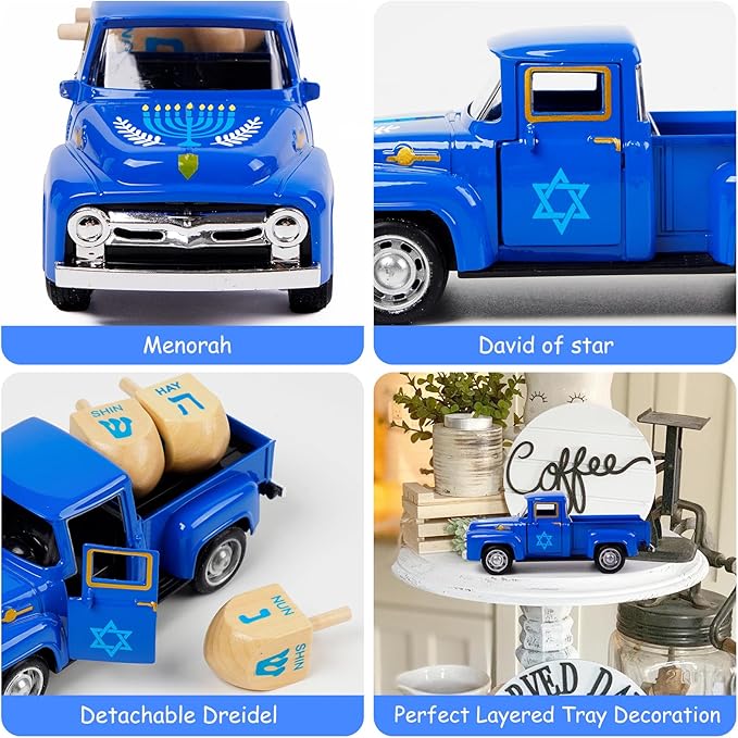 Hanukkah Home Decor, Mini Metal Hanukkah Truck with Wood Dreidel Decor - Festive Jewish Holiday Decor for Tabletop, Hanukkah Gift for Jewish