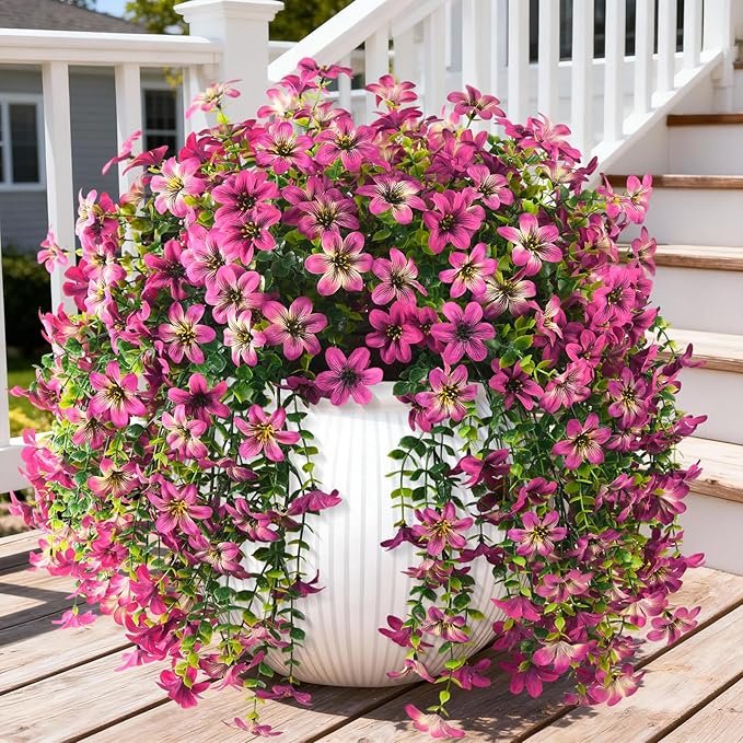 Artificial Flowers for Outdoors, 2 Pcs Fake Hanging Flowers Plants Outdoors Spring Summer Decoration, UV Resistant Faux Flower for Outdoor Planters Porch Patio Yard Home Decor(Gradient Purple Red)