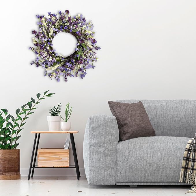 24 Inch Summer Lavender Wreath for Front Door Purple Daisy Artificial Wild Flower Greenery Leaves for All Seasons Home Wall Indoor Outdoor Window Decor