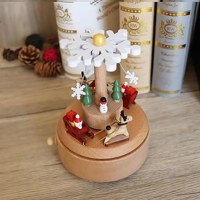 Natural Solid Wood Handcrafted Beech Wooden, Musical FigureTotoro/Carousel/Fairy/Ballerina Figurine,Rotating Hand Crank Mechanism Music Box,Musical Decorations (Merry Christmas)