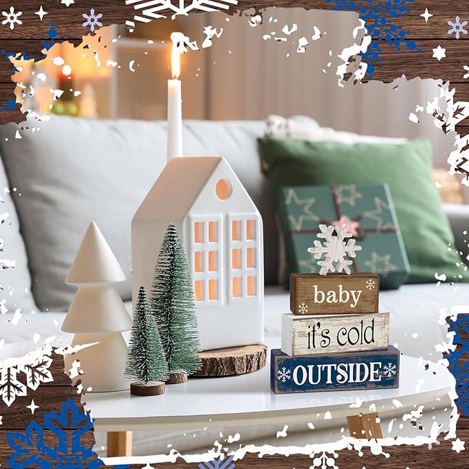 Moucuny 4 Pcs Christmas Table Decoration Winter Wooden Stacked Block, Baby It's Cold Outside Signs with Snowflake Topper, Rustic Christmas Tiered Tray Decor Snowflake Decor for Home Office Shelf
