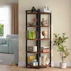 FATORRI Tall Corner Shelf, Industrial Corner Bookshelf, Wood and Metal Corner Shelf Stand for Living Room, Rustic Display Plant Stand for Home Office (Medium Walnut)