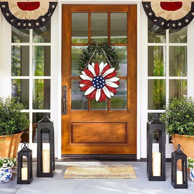 Wooden 4th of July Decoration Door Wreath for Front Door Sign Star Wall Signs, Independence Day Patriotic Day Wreath Welcome Memorial Day Hanging for Home Wall Decor Party Outdoor Indoor Flower