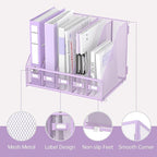 SUPEASY Desk Organizers Metal Desk Magazine File Holder with 5 Vertical Compartments Rack File Organizer for Office Desktop, Classroom, Home Workspace, Purple Plus