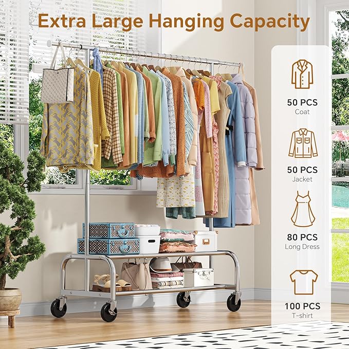 Simple Trending Heavy Duty Clothes Clothing Rack for Hanging, Rolling Garment Rack with Shelves