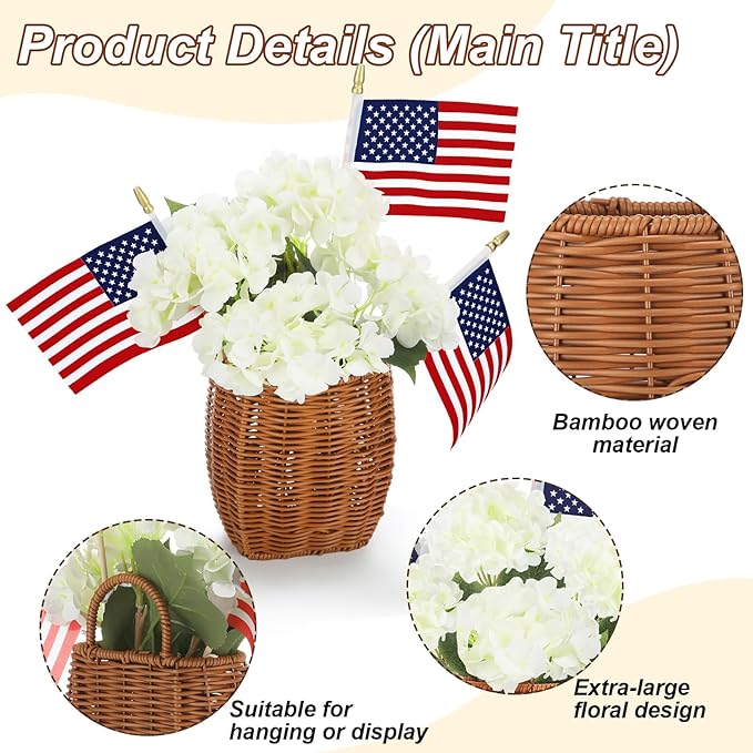 Riceshoot 4th of July Decoration Patriotic Door Hanger Basket Wreath for Front Door Woven Basket 250th Anniversary Hanging Sign with Artificial Hydrangea American Flag for Independence Day Table Decor