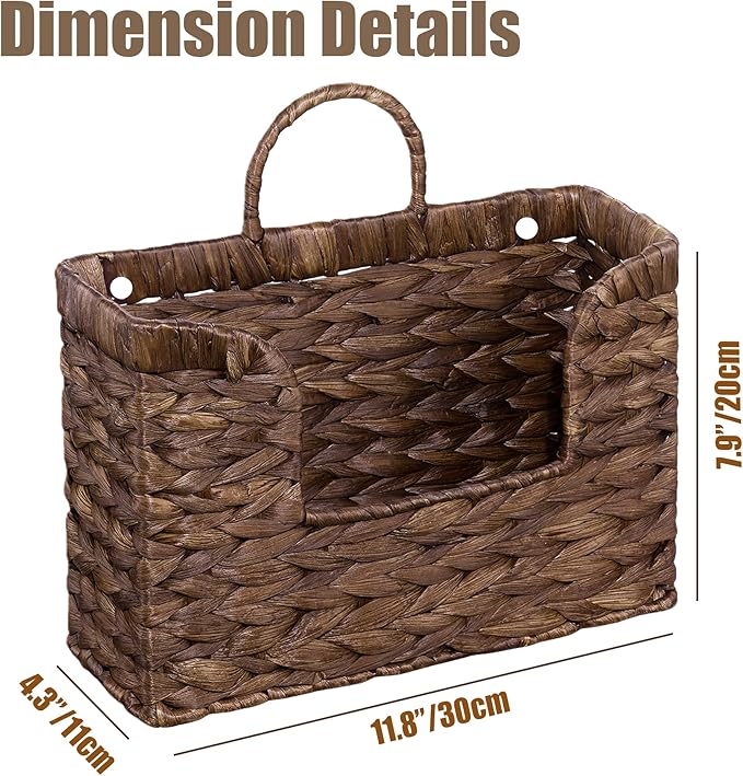 PINXIURY Magazine Holder Wall Basket Water Hyacinth Woven Mail Organizer, Wicker Wall Hanging Baskets for Magazines, Letters & Storage Decorative Mail Holder, Magazine Rack, Hanging Basket, Coffee