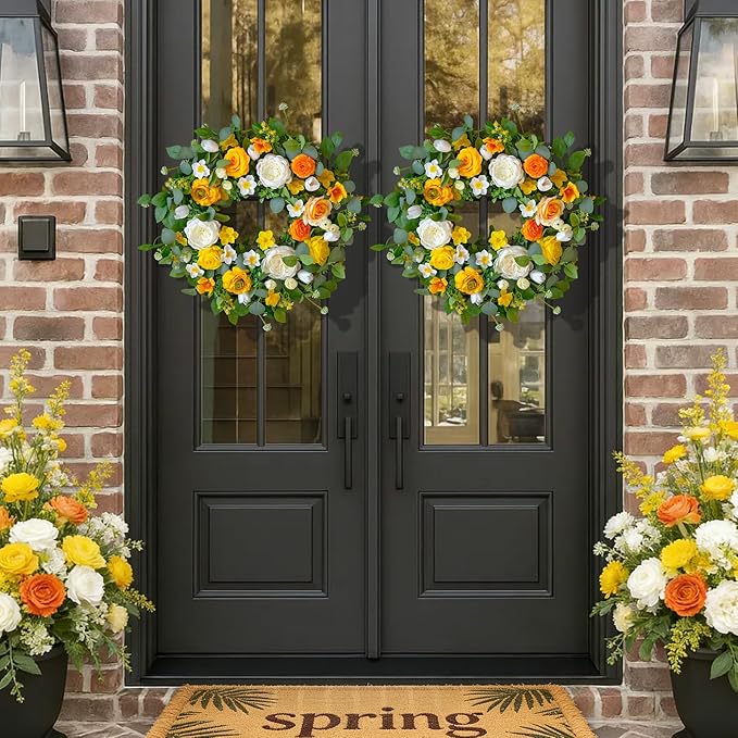 Spring Wreaths for Front Door Outside 24 Inch Yellow & White Spring Summer Wreath with Peony Rose Ranunculus Daffodil & Greenery, Indoor Outdoor Vibrant Hanging Season Decor for Wall Porch