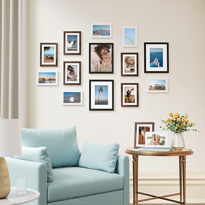 Vittanly 15 Pack Picture Frames Collage Wall Decor, Multi Sizes Including 3pcs 8x10, 6pcs 5x7 and 6pcs 4x6 Photo Frames, Gallery Frame Set for Wall or Tabletop Display, Black, Brown and White
