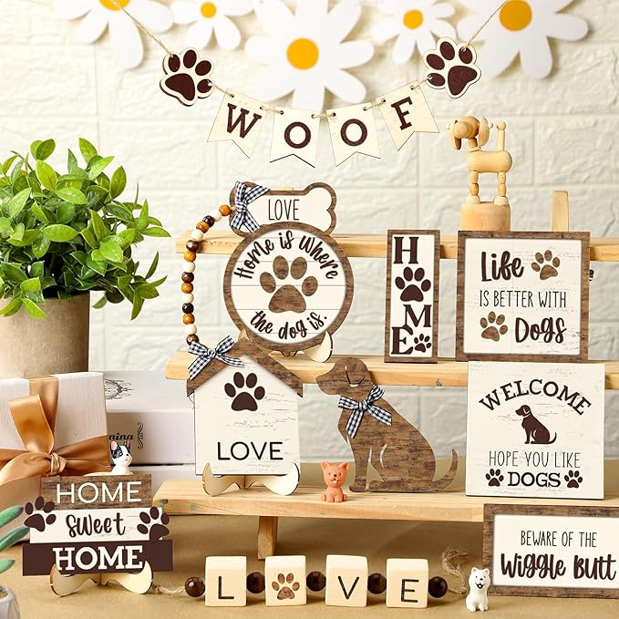 Mifoci 16 Pcs Dog Tiered Tray Decor Cute Dog Signs Home Decor Wooden Woof Decorative Trays Farmhouse Vintage Sweet Home Wooden Sign for Winter Kitchen Coffee Bar Decoration