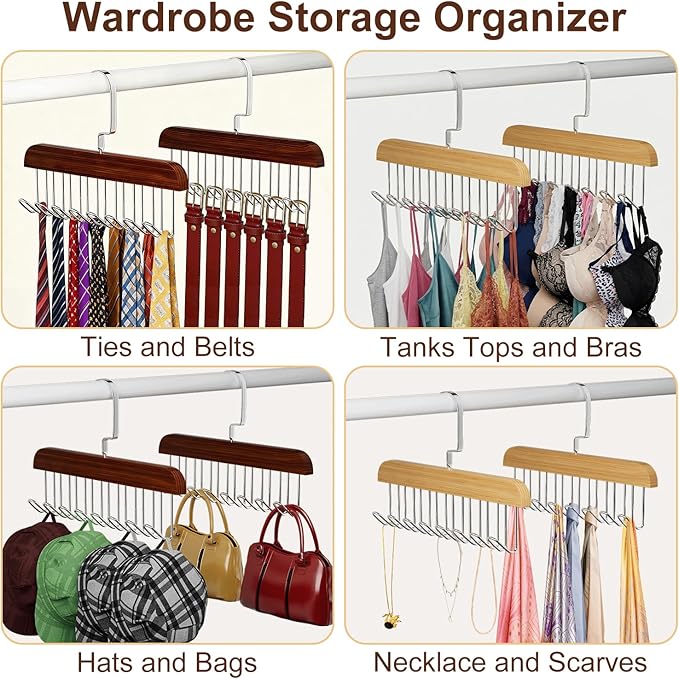 2 Pack Belt Hanger for Closet, Wooden Tie Racks Hanger with Upgraded 360°Rotating, Space-Saving Belt Holders with 8 Hooks, Closet Storage for Tie,Tank Top,Bra, Scarf,Hat