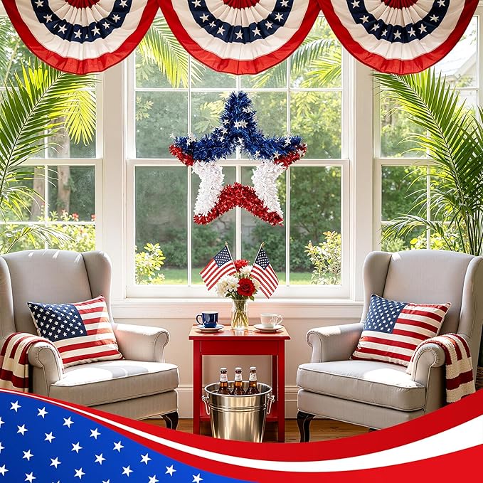 VeriNatural 4th of July Decorations - 19.5in Patriotic Red White and Blue Star Wreath - Independence Day Tinsel Wreath for Indoor Outdoor,Golf Cart, Party,Door and Wall Hanging Decor