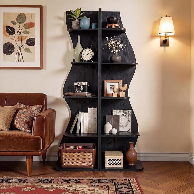 VECELO 2 Pcs Wavy Corner Shelf, Decorative 6-Tier Corner Display Bookshelf, Tall Storage Organizer for Small Spaces, Living Room or Bedroom, Black