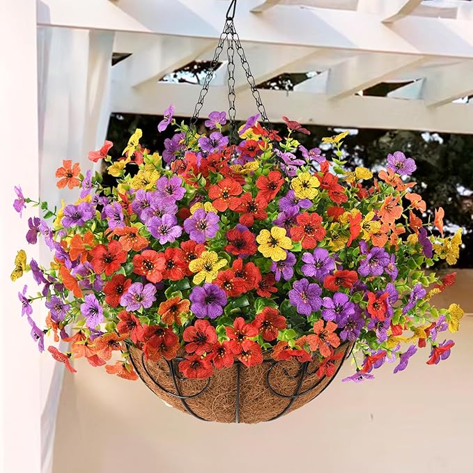 Artificial Faux Hanging Flowers Plants with Basket for Outdoor Spring Decoration, Fake Silk Daisy Outside Indoor UV Resistant Look Real Yard Patio Front Porch Garden Balcony Home Decor(Mix2)