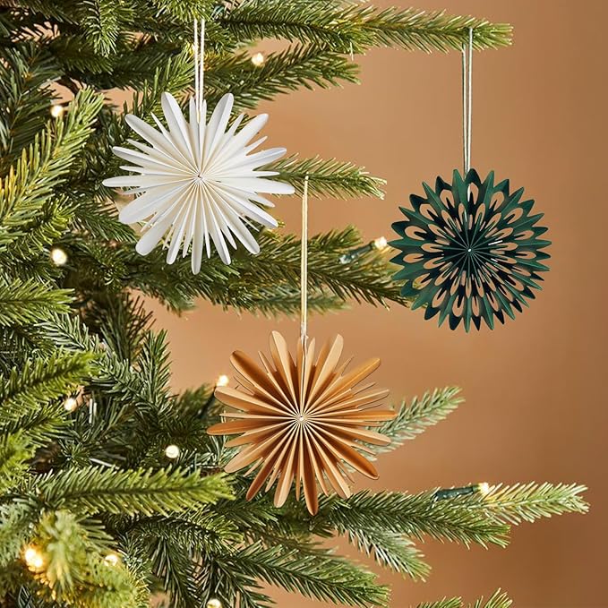 EASY JOY Christmas Hanging Decorations - 9Pcs 3D Christmas Tree Paper Hanging Decor Green White Light Brown Snowflake Ornaments Christmas Decorations Outdoor Indoor for Xmas New Year Window Boho Door