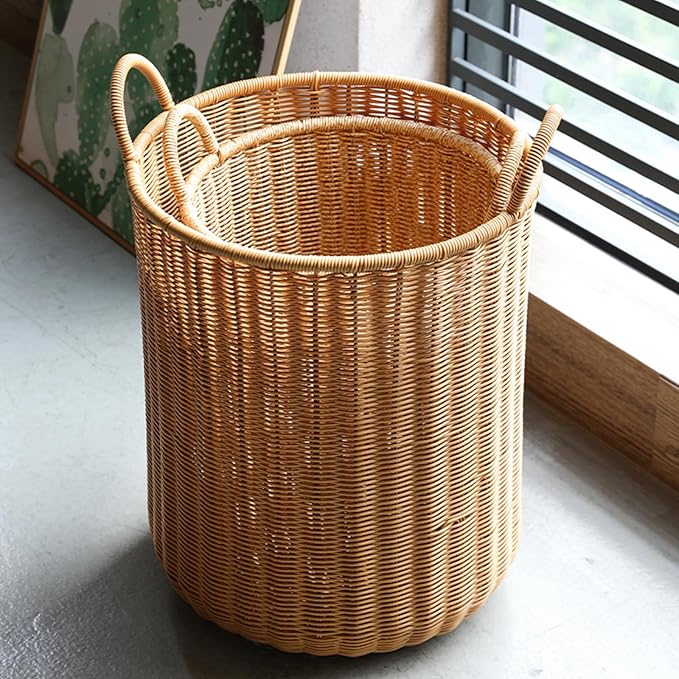 Entryway Tall Round Umbrella Stand with Chassis, Hand Made Imitation Rattan Umbrella Basket, Freestanding Umbrella Storage Basket for Home Office Hallway(28x45.5cm(11x17.9in), Coffee)