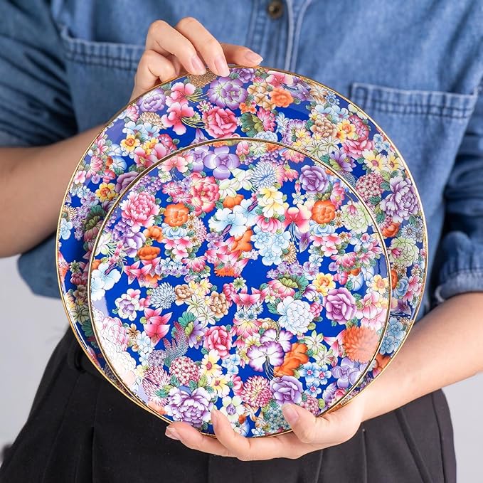 KAMMAK Decorative Plates Set for Display,Blue Ceramic Plate Decor with Stand，Handmade Vintage Flower Porcelain Ornament for Living Room, Kitchen, Office, Perfect Chinese Style Dish Gift (8in+10in)