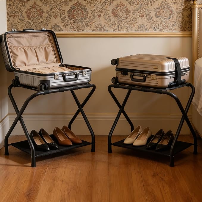 2 Pack Luggage Rack with Storage Shelf, Steel Folding Suitcase Stand, Portable Luggage Stand for Indoor Bedroom, Living Room and Outdoor Camping, 27.5 x 14.2 x 20.7 Inches