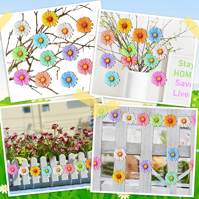 Maitys 36 Pcs Spring Flower Ornaments for Tree Hawaiian Wooden Flower Decorate Wooden Hibiscus Daisy Hanging Decor for Birthday Wedding Baby Shower Themed Summer Holiday Party Decoration (Daisy)