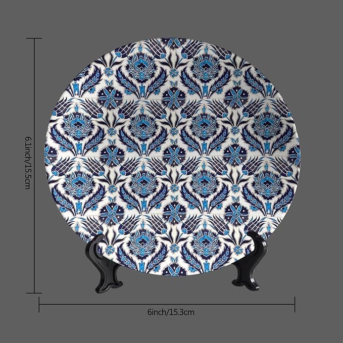 Turkish Decorative Ceramic Plates, 8 Inch, Dark Blue Flower Round Display Plate, Table Top Plate Decor with Stand, for Kitchen Party Coffee Table Decor Art