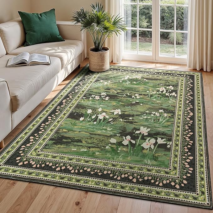 Lessymo Dark Green 5x7 Floral Rugs for Living Room, Soft Washable Area Rug Non-Slip for Dining Room, Impressionist-Style Vintage Carpet, Cottagecore Bedroom Nursery Office Decor