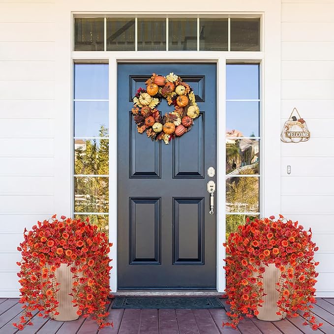 Artificial Fall Hanging Flowers for Decoration, 2pcs Long Vine Fake Flowers Plants Morning Glory, Realistic Faux Petunias for Planter Patio Porch Garden Autumn Outdoors Dec, Orange Red