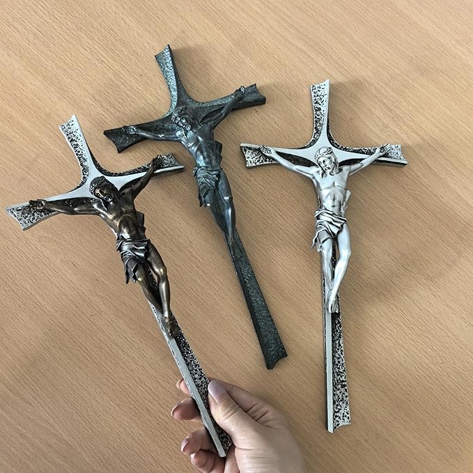 ShineOnAngel Crucifix Wall Cross, 12 Inch Silver Color Durable Resin Wall Crucifix Modern Home Decor, Hand Painted Antique Style Jesus Cross for Wall Religious Housewarming Gifts