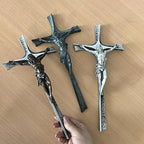 ShineOnAngel Crucifix Wall Cross, 12 Inch Silver Color Durable Resin Wall Crucifix Modern Home Decor, Hand Painted Antique Style Jesus Cross for Wall Religious Housewarming Gifts