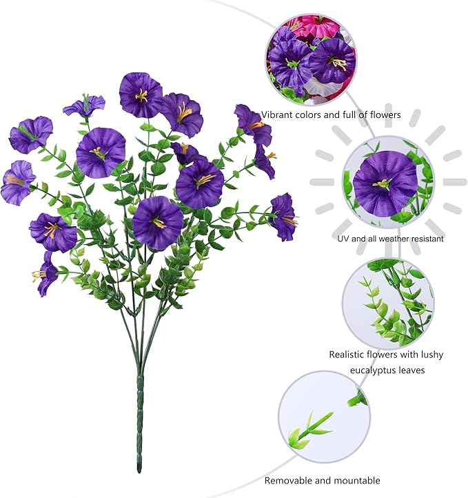 Ivydale 24 Bundles Artificial Flowers for Outdoors Faux Plants Spring Outdoor Decoration Faux Silk Morning Glory with Eucalyptus Realistic UV Resistant for Outside Porch Patio Window Garden Yard Home