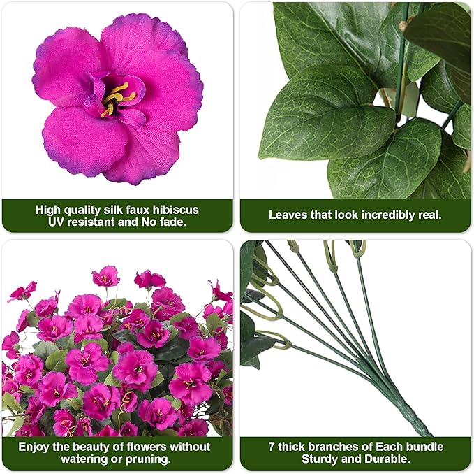 Fake Hibiscus Artificial Flowers for Outdoors Spring Summer Decoration, 6 Bundles Silk Hibiscus Flowers Bouquet UV Resistant Look Real Faux Plants for Outside Planter Front Door Porch Balcony, Fuchsia