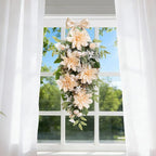 Glitzhome Peach Dahlia Floral Teardrop Swag 28" Artificial Spring Teardrop Swag Wreath for Front Door Porch Wall Window Decor