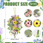 2 Pcs Spring Swags for Front Door, 23.6" Artificial Floral Teardrop Swags with Sunflowers Daisies Lavender, Spring Porch Decor Swag for Farmhouse Wall Window Cabinet Easter Decorations