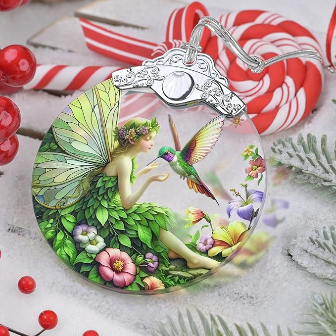 Jocidea Fairy & Hummingbird Christmas Ornament - Stained Glass Hanging Decor - Tree Decoration - Gifts for Women, Her, Mom