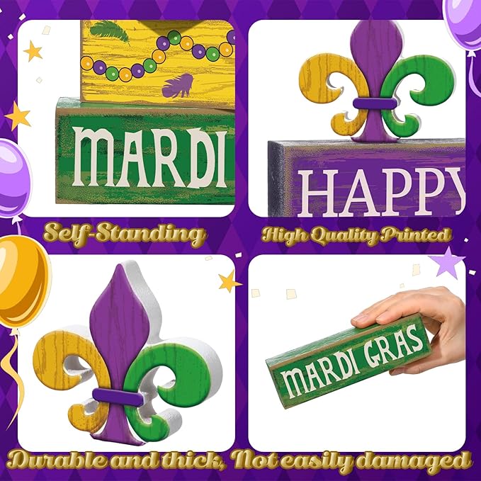 Moucuny 4 Pcs Mardi Gras Decorations Mardi Gras Wooden Sign Carnival Table Centerpiece Carnival Tiered Tray Decor Decorative Faux Book Stack Block for Masquerade Party Fireplace Mantel Shelf