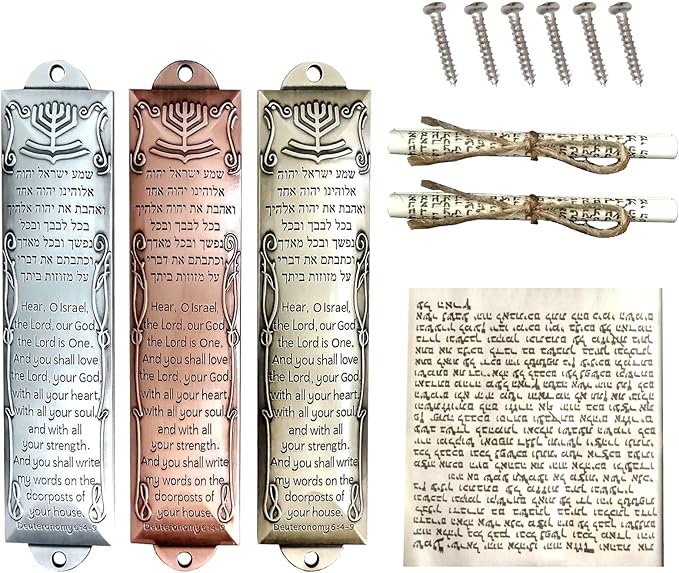 3pcs Mezuzah Metal Blessing Mezuzah Case with Scroll English & Hebrew Blessing Scripture for Decorating House, 5.3" Height