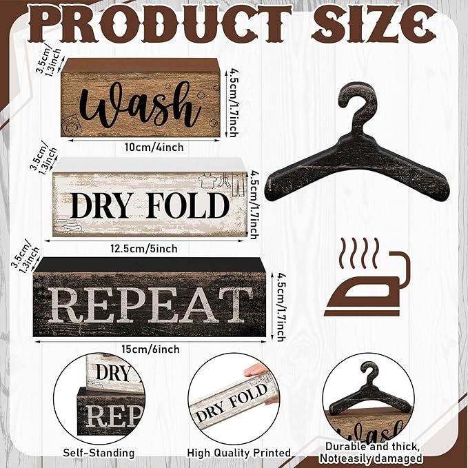 Moucuny 4 Pcs Farmhouse Laundry Room Decor Stacked Blocks, Wash Dry Fold Repeat Wooden Sign Set with Vintage Hanger - Rustic Home Shelf Decor for Laundry Area Housewarming Gift