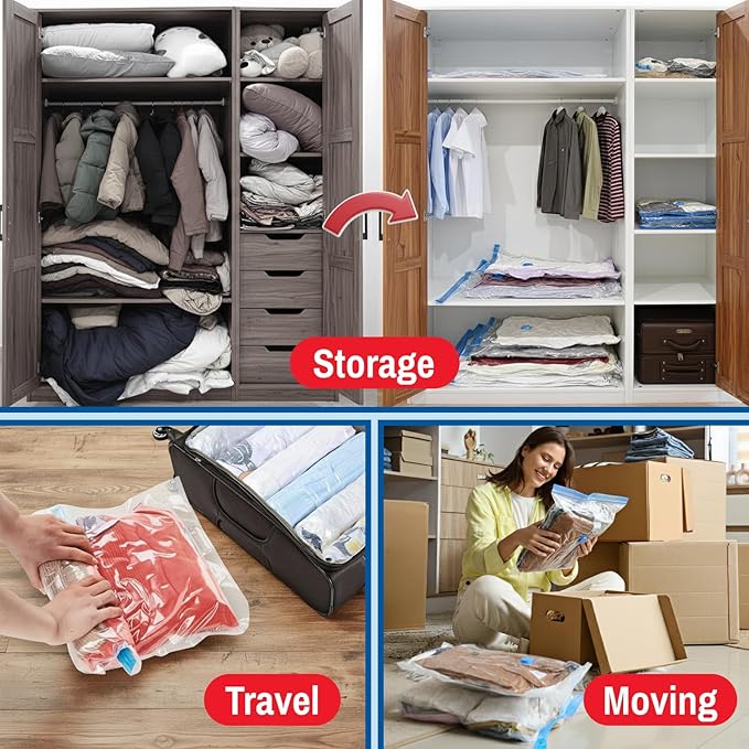 Spacesaver 16 Pack Roll Up Vacuum Storage Bags for Blankets & Clothes - Vacuum Sealed Compression Bags with Hand Pump - Space Saver Storage Bag for Bedding, Moving, Travel & Organization (8S & 8M)