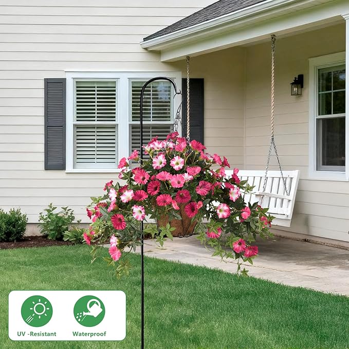 Artificial Fake Flowers Plants for Outdoors Spring Decoration, 2Pcs Faux Petunias with Greenery UV Resistant No Fade, Realistic Silk Flower for Outside Patio Planters Front Porch Window (Rose Red)