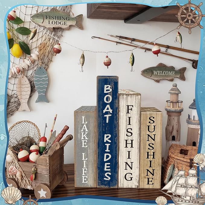 Lineshading 4 Pcs Summer Lake House Decor Stacked Wooden Block Set with Lake Life Boat Rides Fishing Sunshine Blue White Summer Table Decor Wooden Book Signs for Fishing & Boating Lovers Gifts