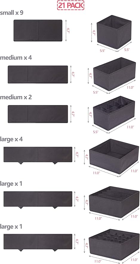 DIOMMELL 21 Pack Foldable Cloth Storage Box Closet Dresser Drawer Organizer Fabric Baskets Bins Containers Divider for Baby Clothes Underwear Bras Socks Lingerie Clothing,Dark Grey 11-4249