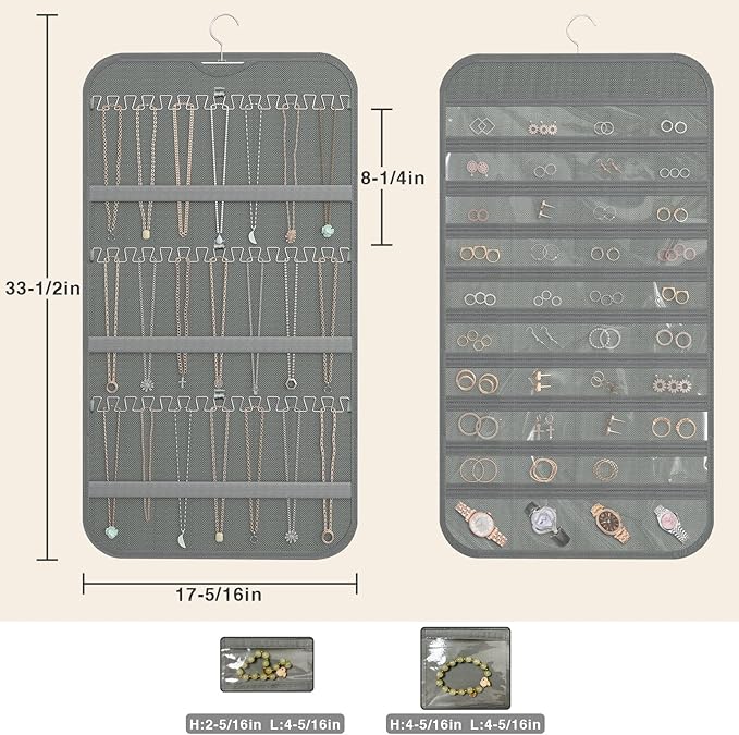 Hanging Jewelry Organizer Storage, 40 Pockets 36 Hooks Necklace Earring Necklace Bracelet Ring Organizer, Double - Sided Design, Grey