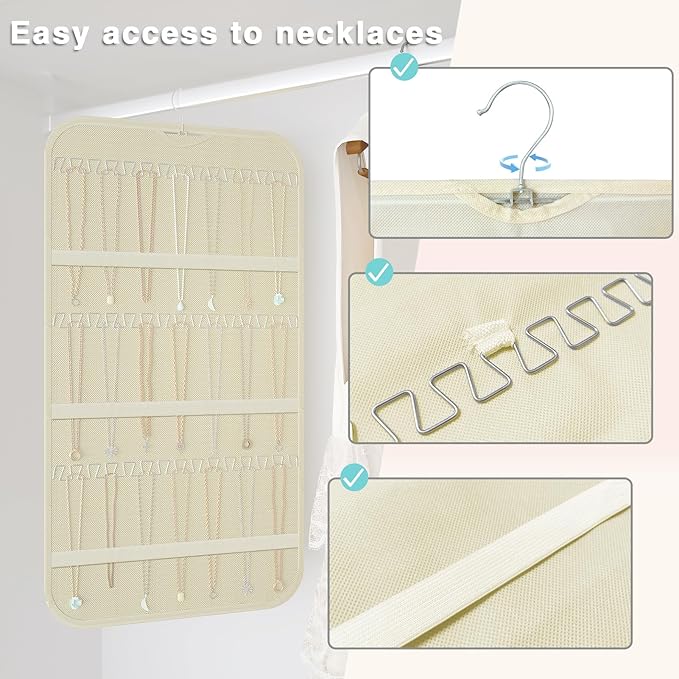 2-Pack Hanging Jewelry Organizer Storage, 40 Pockets 36 Hooks Necklace Earring Bracelet Ring Organizer, Double - Sided Design, Beige
