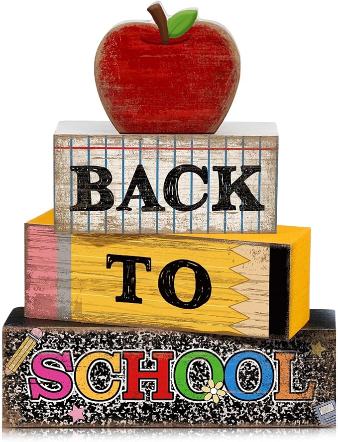 Lineshading 4 Pcs Back to School Table Decorations Retro Red Apples Decor Back to School Tiered Tray Decor Apple Centerpieces Rustic Wood Pencil Block Sign Farmhouse Gifts for Class Party Home Shelf