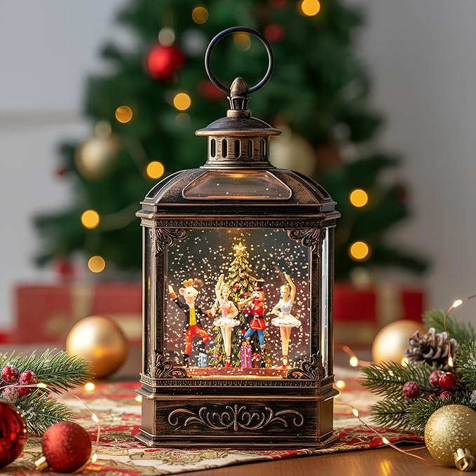 Christmas Snow Globe Lantern Water Glittering Nutcracker Ballet Stage with Music & Timer, USB Lined/Battery Operated Lighted Lantern for Christmas Festival Decoration Gifts